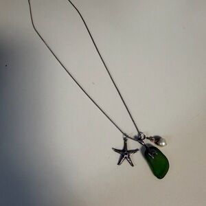Silver Tone Green Sea Glass Starfish Pendant Pearl Necklace